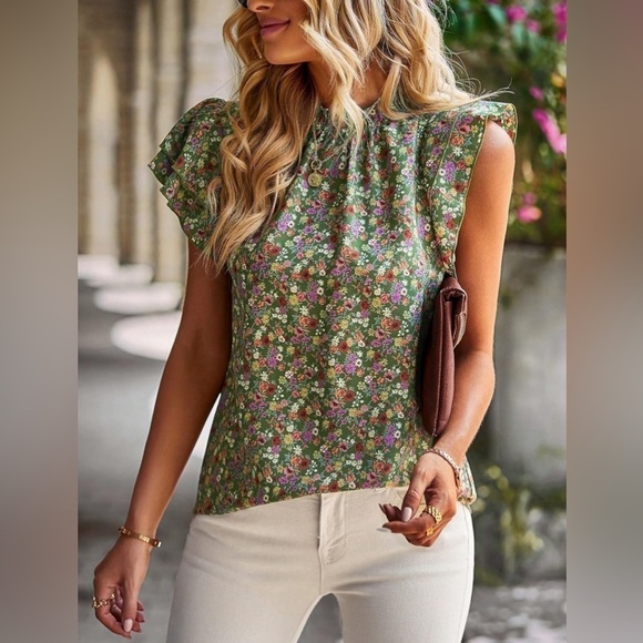 NEW Khaki Green Ditsy Floral Flutter Sleeve Frill Neckline Blouse - Picture 3 of 8